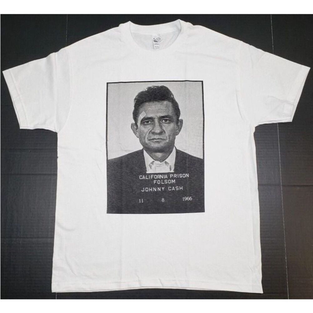 RARE JOHNNY CASH T-shirt MUSIC Mug Shot Tee 100% Cotton Men's White New S